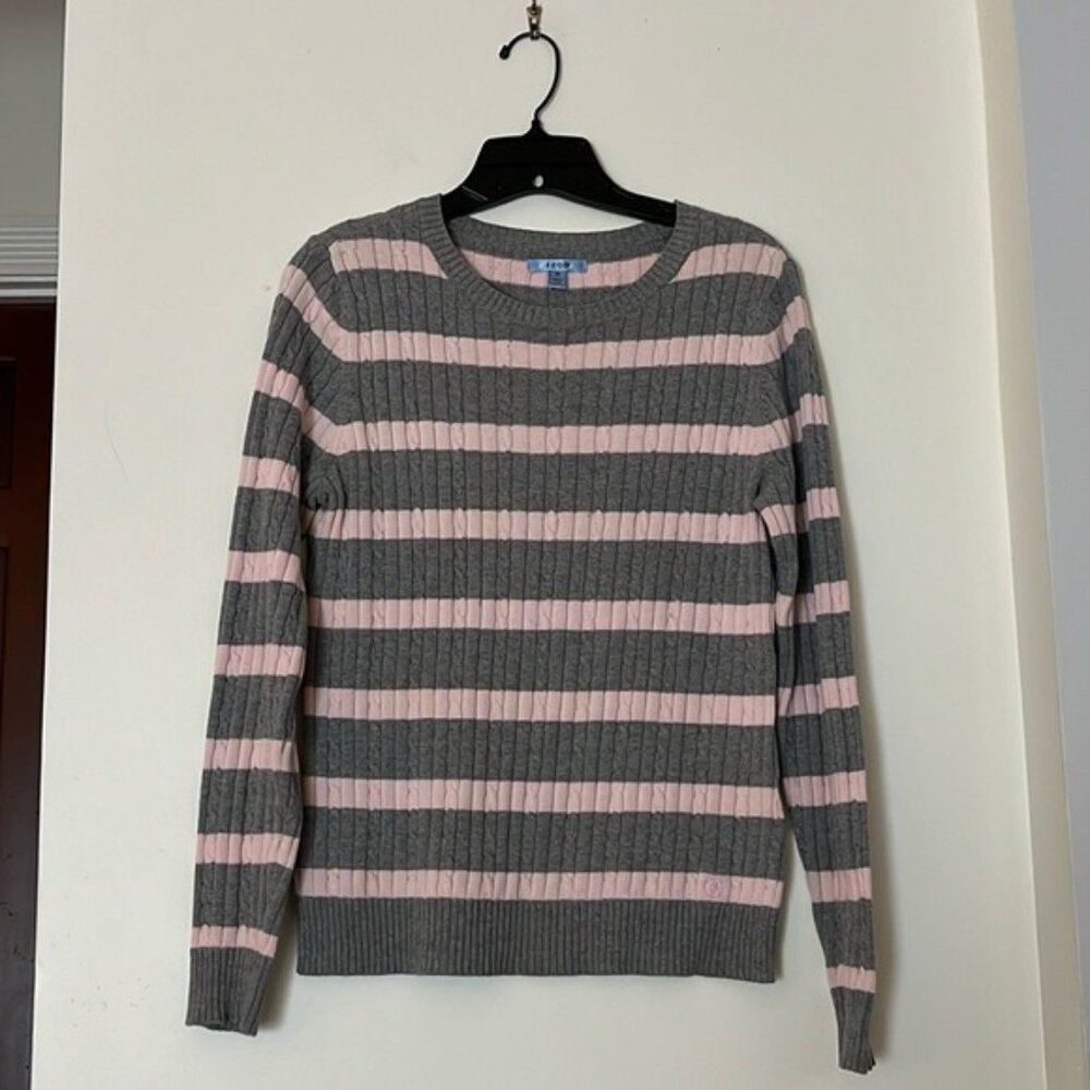 💗 Izod Women’s Gray & Pink Striped Cable Knit Sweater | Size M 💗